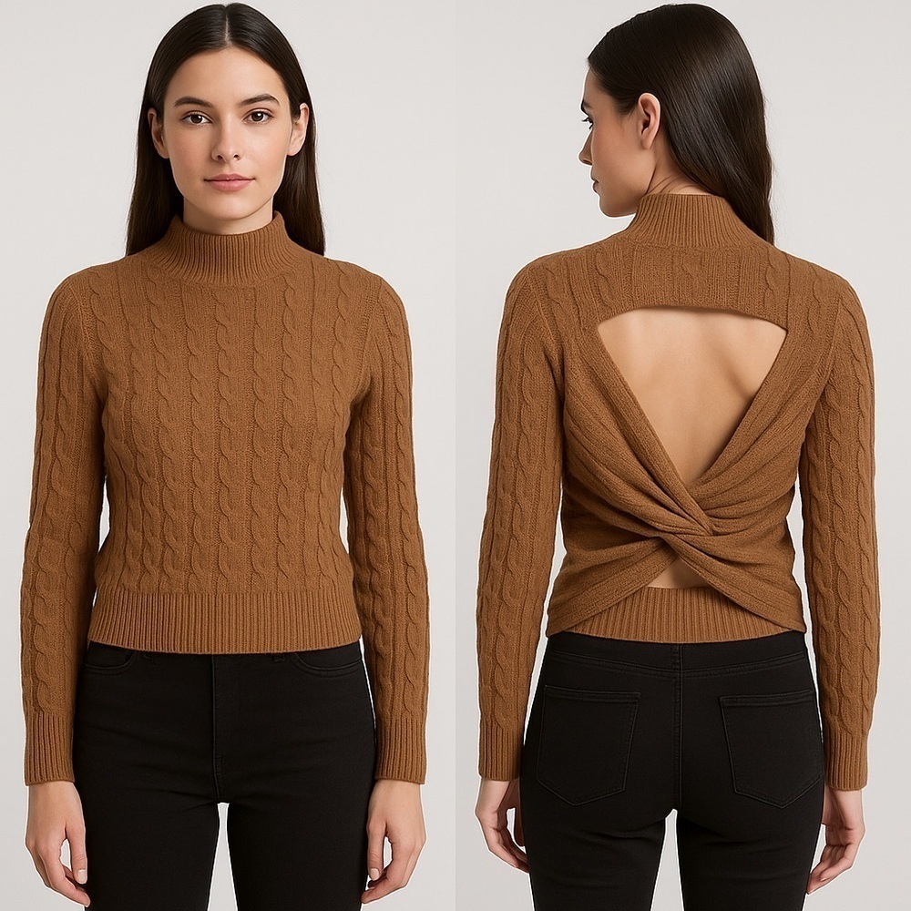 Hippie Rose Women’s Open Back Cable Knit Sweater Size XS Brown Fisherman Angler